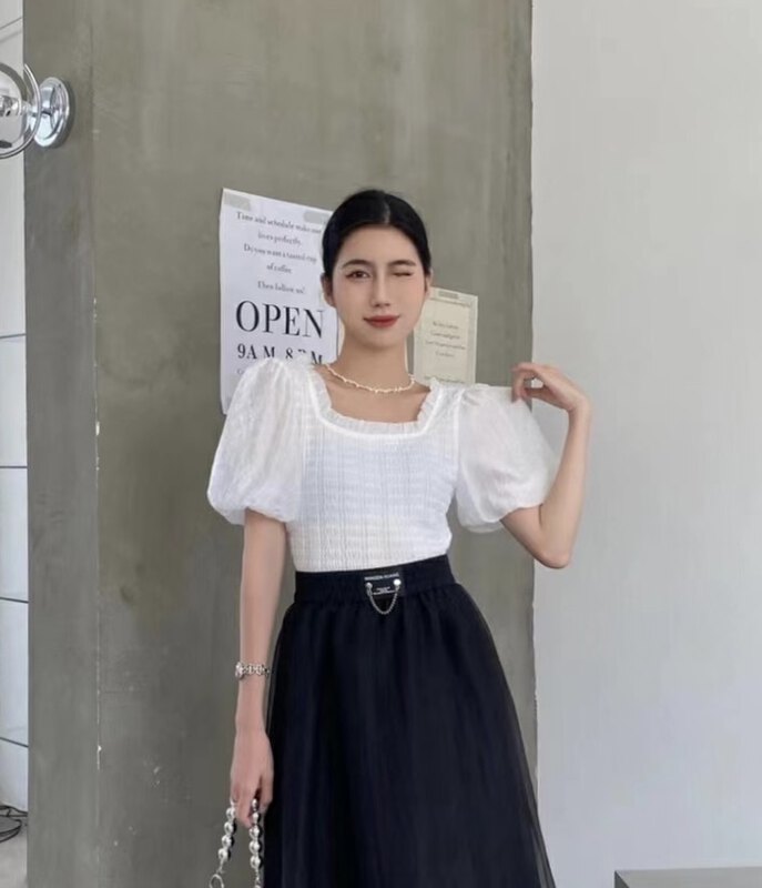 [banyiba] French Lantern Sleeve crimped lace collar shirt 092230 \zxx