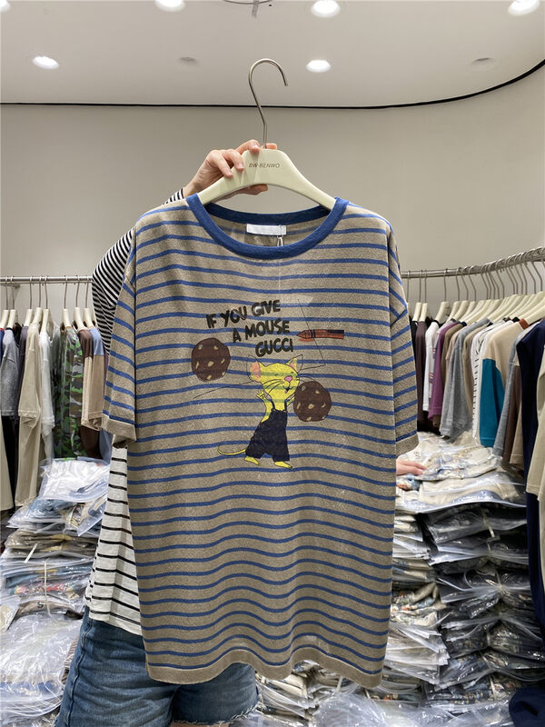 [benwo] casual retro striped cartoon cat short sleeved T-shirt cm06211# CLS