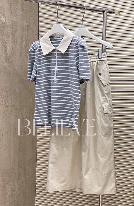 [believe] fashion stripe short sleeve T-shirt + casual unrestrained skirt set bl8498\jj