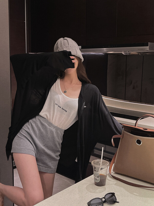 [11An] simple letter embroidery hooded cardigan sunscreen a6779