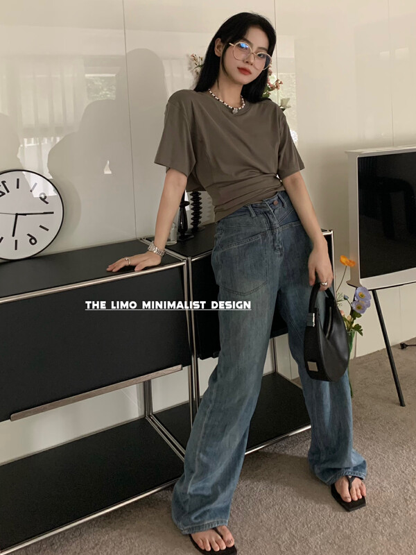 [the limo] solid color back waist design Short Sleeve T-shirt 6749# XYJ