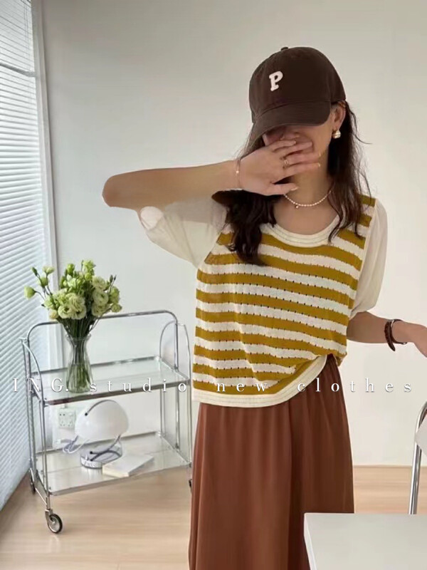 [ing] Chiffon stitched striped hollow out sweater w3588