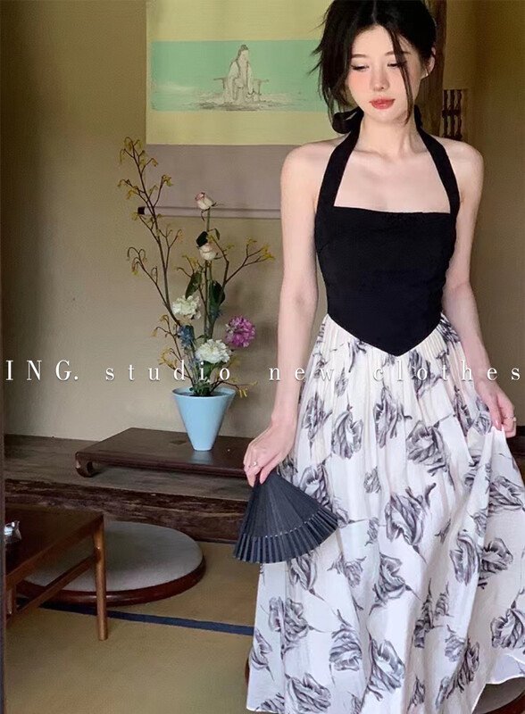 [ing] French retro Halter patchwork floral dress 7937