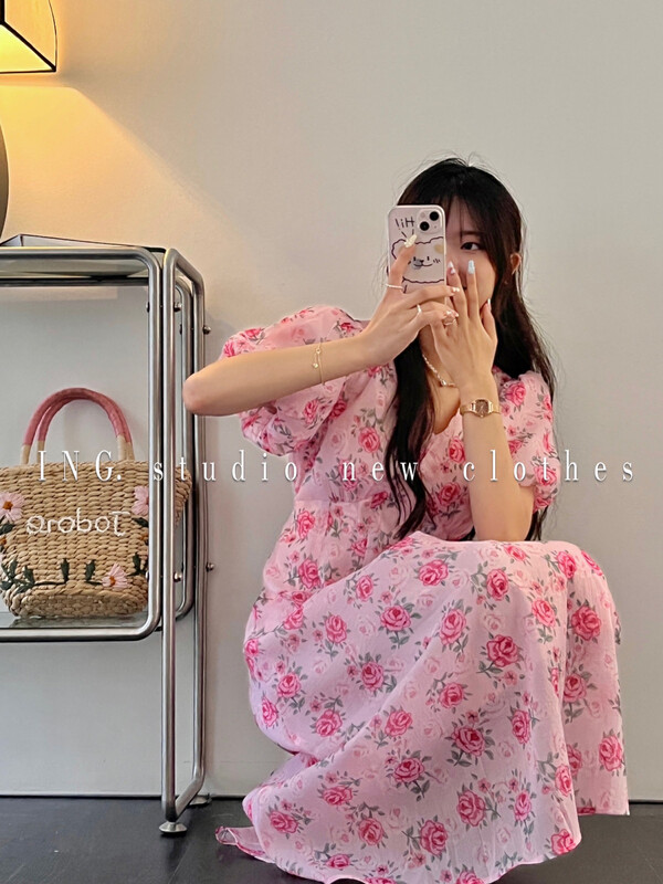 [ing] V-neck Vintage Print bubble sleeve dress ing-7891