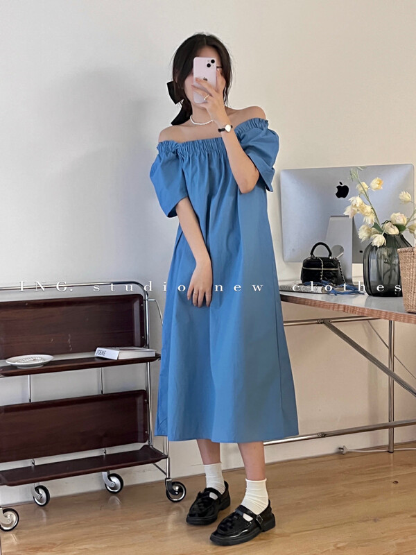 [ing] French gentle square neck bubble sleeve dress 7965