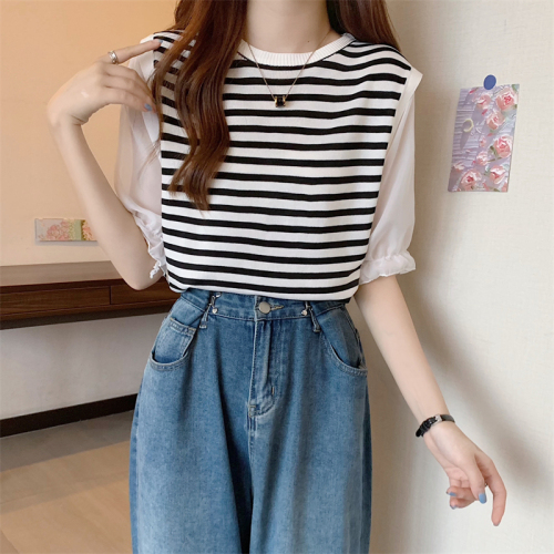 Real shooting, real price, new splicing design, Bubble Sleeve Striped Sweater, loose top, women's Short Sleeve T-Shirt