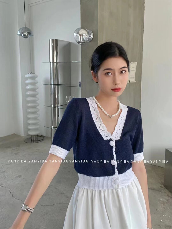 [banyiba] color blocked V-neck Knitted Blouse 3333# zxx