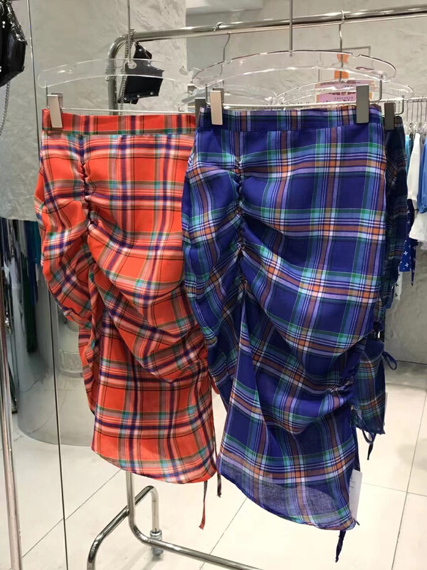 [o.shazidian] Vintage Plaid drawstring Hip Wrap Skirt 1521# CSX