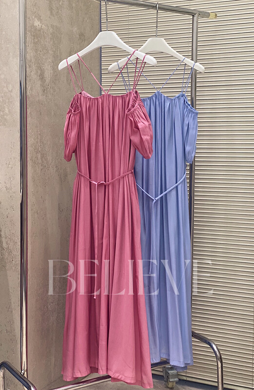 [believe] lightweight breathable Tencel shoulder dress (with waist rope) bl8517# JJ