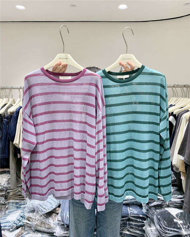 [benwo] lazy wind stripe loose foreign style long sleeve T-shirt 06134 \cls