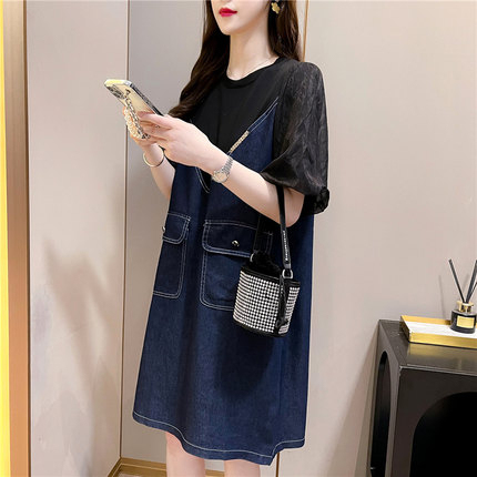 Fried street summer design, loose design, short sleeve women's splicing denim skirt, long style lazy top