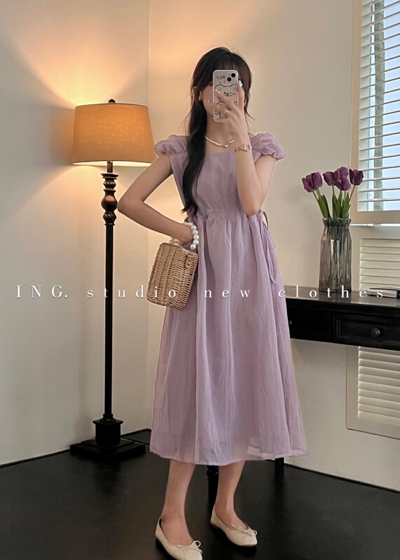 [ing] French temperament square neck niche design dress waist A-line skirt ing-7892