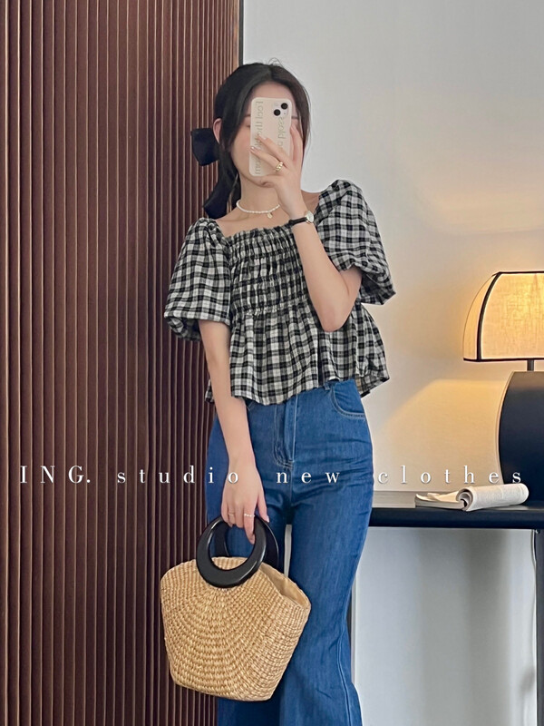[ing] Korean Plaid pleated square collar doll shirt 7978