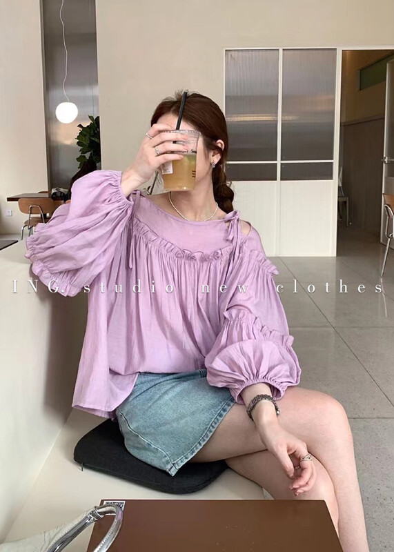 [ing] lace up design fungus edge off shoulder shirt ing-9187