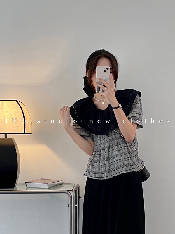 [ing] Vintage temperament large lapel stripe shirt 7927
