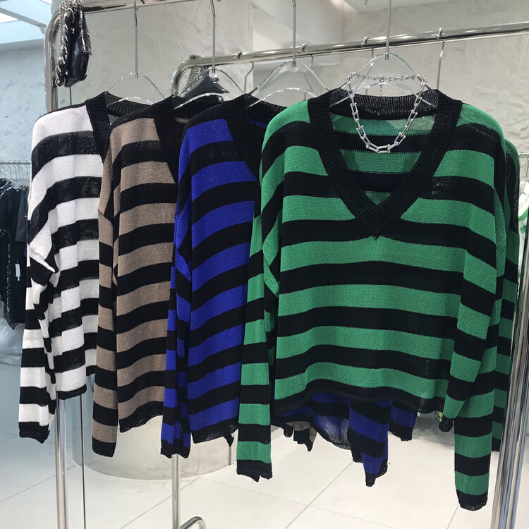 [o.shazidian] V-neck knitted stripe sunscreen shirt 6032# CSX