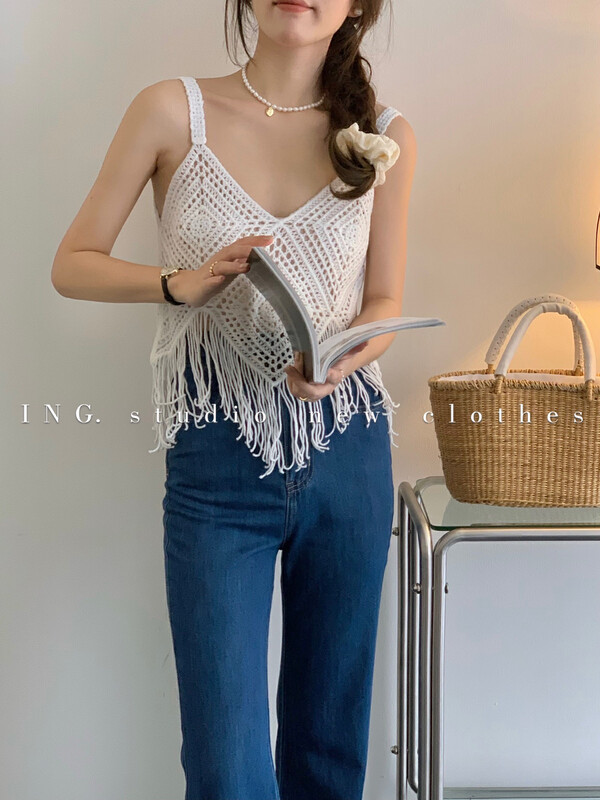 [ing] Vintage Bohemian holiday vest / suspender hook flower hollow out suspender top ing-7955