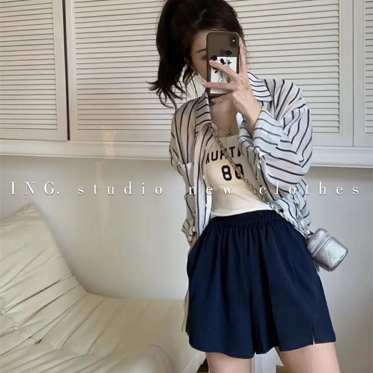 [ing] niche design casual age reduction three piece suit striped shirt suspender casual shorts 7902