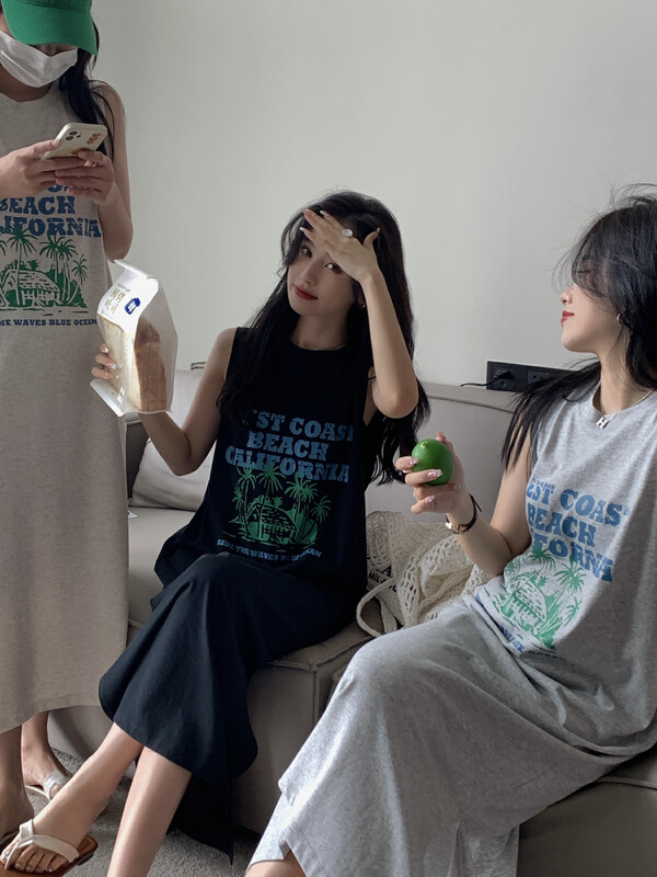 [11An] simple color contrast printed sleeveless dress a6715