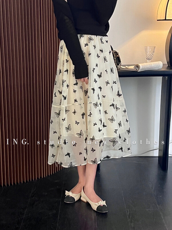 [ing] flocked butterfly print high waist skirt 7981