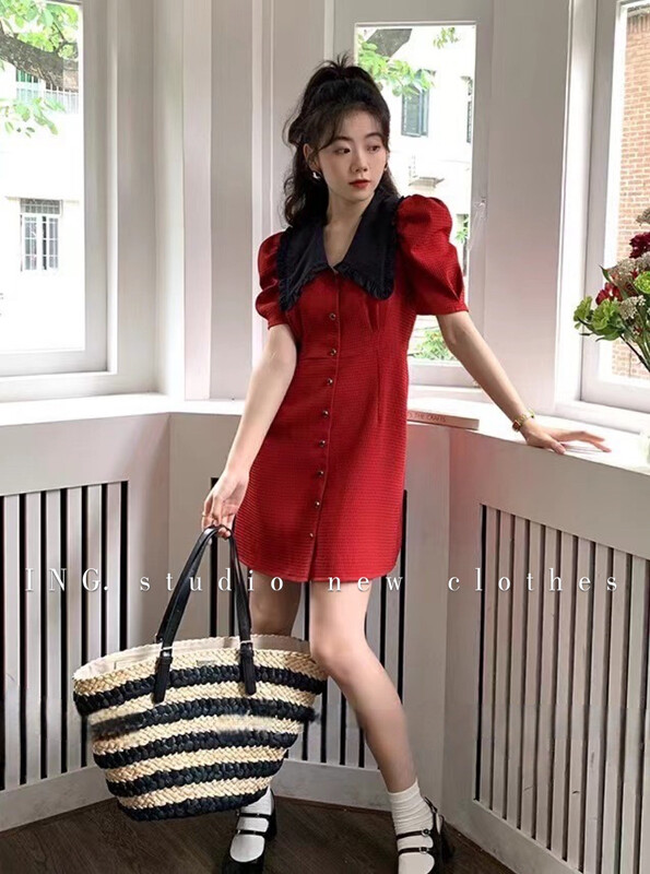 [ing] Hepburn contrast V-neck waffle dress 9207