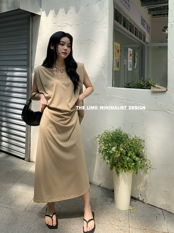 [the limo] V-neck fold shoulder pad minimalist dress 6746# XYJ