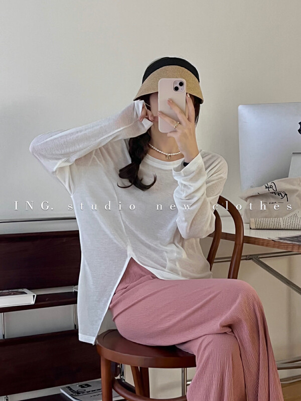 [ing] Korean round neck split facial mask t sunscreen shirt ing-7901# Fhx