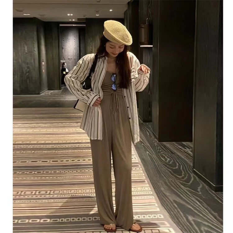 [Yang Yang] striped loose sunscreen shirt + drawstring tank top + comfortable casual suit c6365# CLS