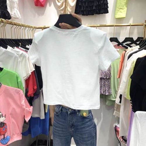 2022 summer new Korean ins bear letter print hot girl belly exposed loose and versatile bag collar short T-shirt women