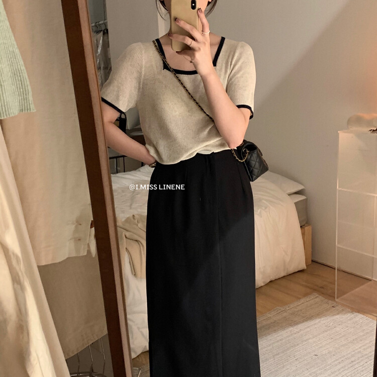 [Imiss] Korean minority color contrast square neck sweater cx0223# Fhx