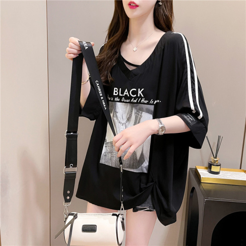 Fried street summer design feeling back wrap collar cotton V-neck Chiffon stitching medium long loose short sleeve T-shirt women