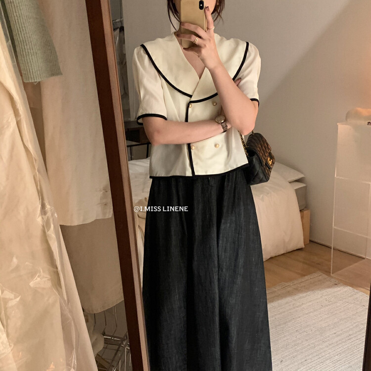 Original price 62.04! [Imiss] French Navy collar contrast double breasted blouse (only selling blouses) cx8072# Fhx