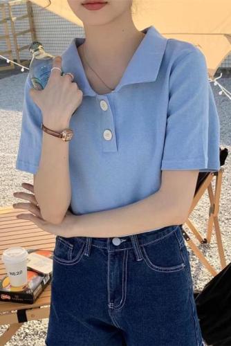 Official figure real price Pullover cotton short sleeve T-shirt women's solid color polo collar