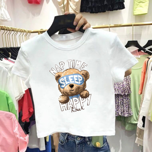  summer new Korean ins bear letter print hot girl belly exposed loose and versatile bag collar short T-shirt women