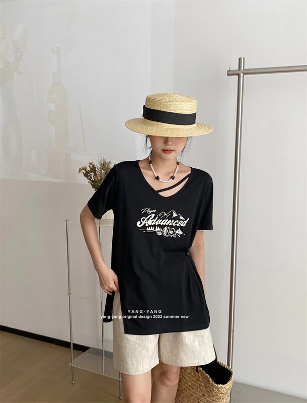 [Yang Yang] simple casual V-neck loose letter printed short sleeve T-shirt c6353# CLS