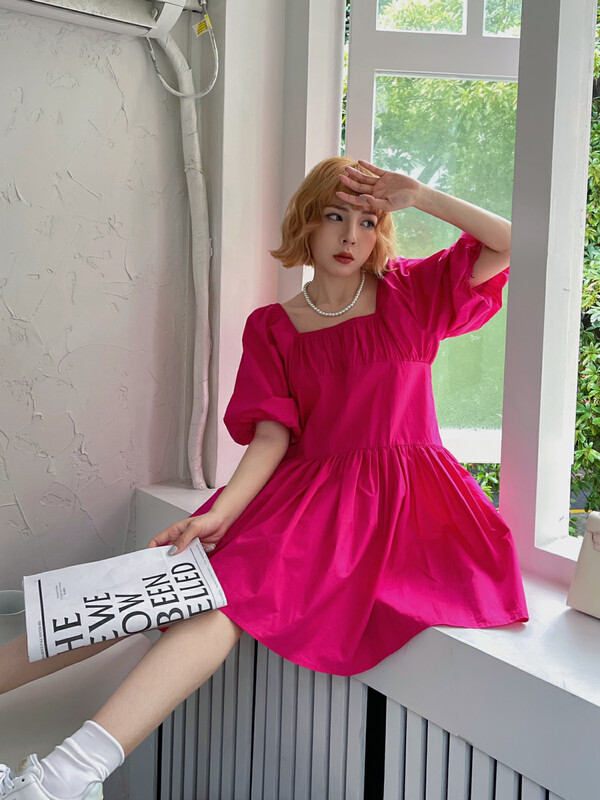 [yj.simple] temperament fashion bubble sleeve dress y003-3065# ozq