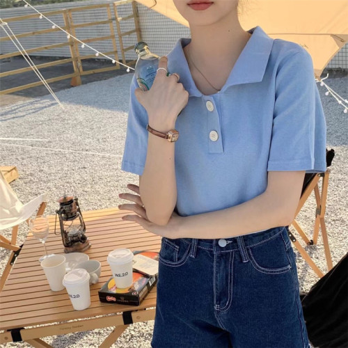 Official figure real price Pullover cotton short sleeve T-shirt women's solid color polo collar