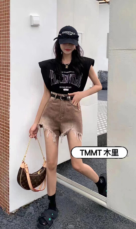 [jiajiatmmt Muli] high waist thin retro simple frayed tassel denim shorts 8757# L