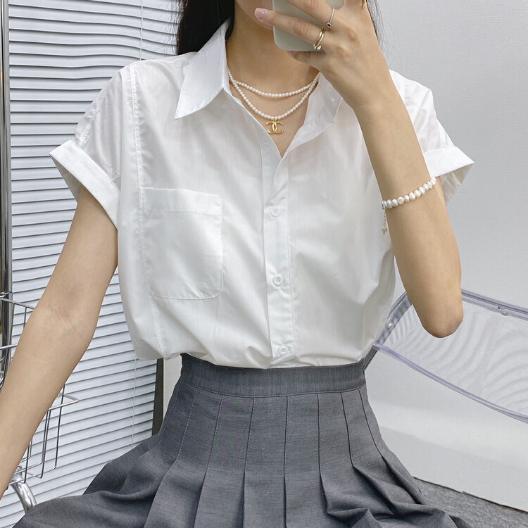 [I-D] Korean version solid color single pocket casual shirt 6156# ll