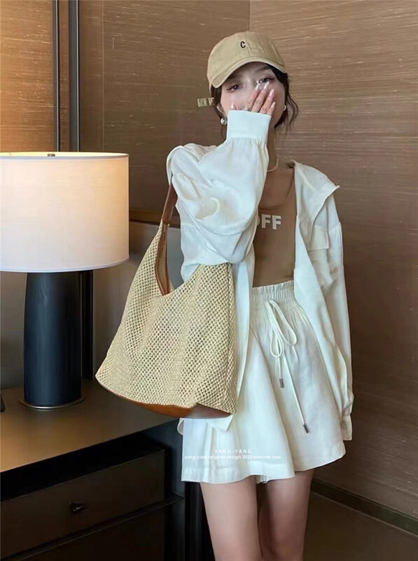 [Yang Yang] Korean simple sunscreen cardigan + letter vest inside + wide leg Shorts Set c5027\cls