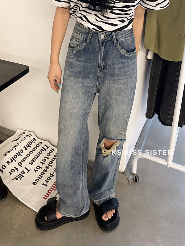 [KS] jeans with holes, high waist, straight tube, mop the floor and look thin (jeans only) 29130 × cqw