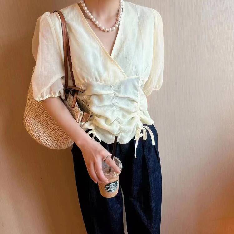 Original price 51.88! [I-D] Korean V-neck drawstring shirt 6131# ll