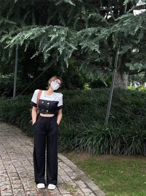 [mialiesy] small fragrance color matching short sleeved double breasted shirt 717# PCZ