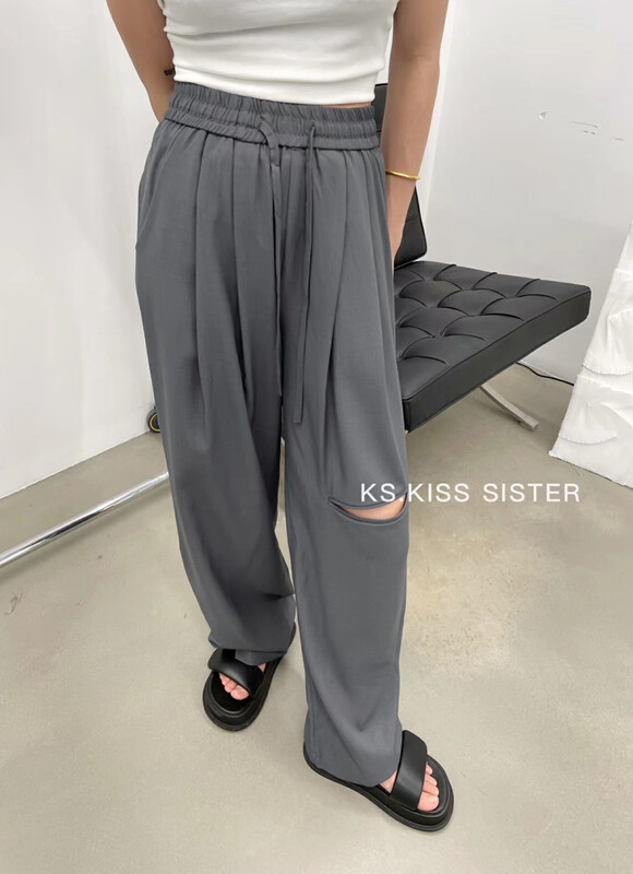 [KS] elastic waist fashion casual pants with holes (with waist rope) 20666# cqw