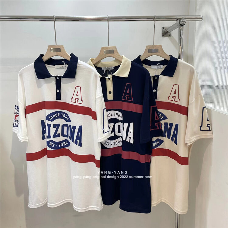[Yang Yang] college style loose and versatile Polo letter short sleeve T-shirt c6397# CLS