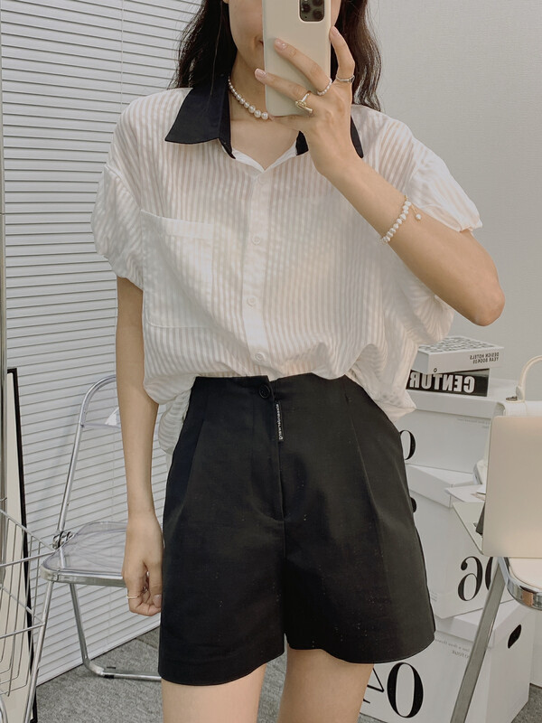 [I-D] Korean striped elastic and versatile shirt 6078# ll