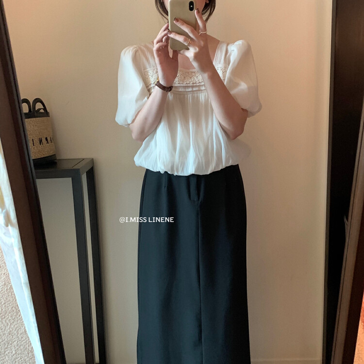 [Imiss] French style Square Neck Lace bubble sleeve shirt cx7108# Fhx