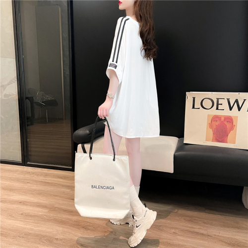 Fried street summer design feeling back wrap collar cotton V-neck Chiffon stitching medium long loose short sleeve T-shirt women