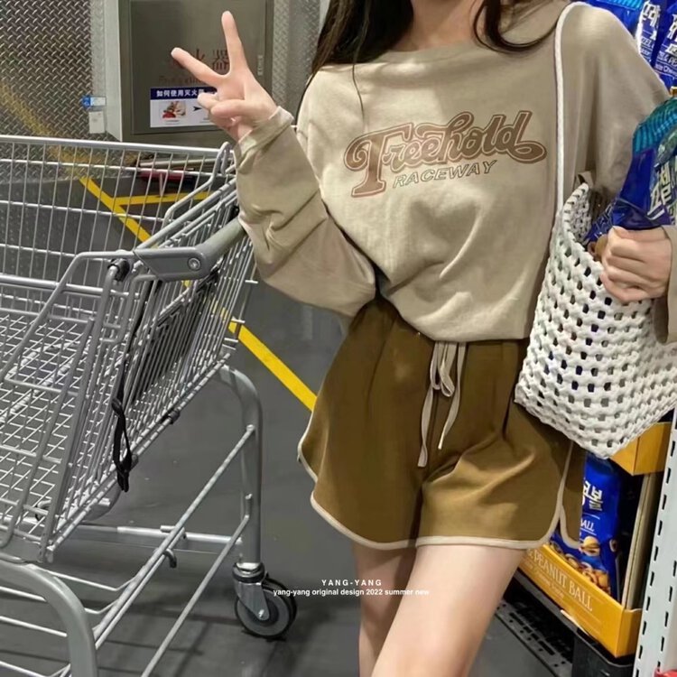 [Yang Yang] simple long sleeve lettered Top + lace up contrast Shorts Set c5023# CLS