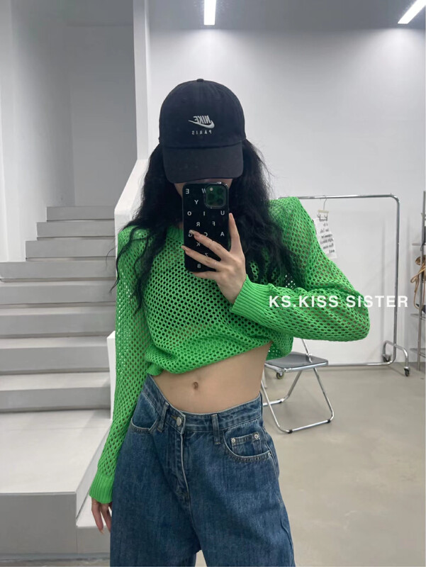 [KS] 2022 summer women's fashion new round neck Pullover long sleeved fishing net breathable sunscreen versatile knitted shirt 23030# cqw